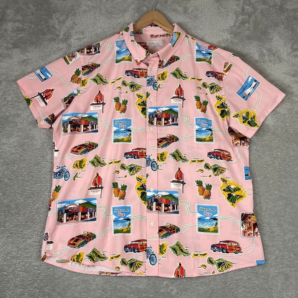 Cotton & Co Hawaii Postcard Shirt Mens 2XL Pink Aloha Beach Summer Stretch